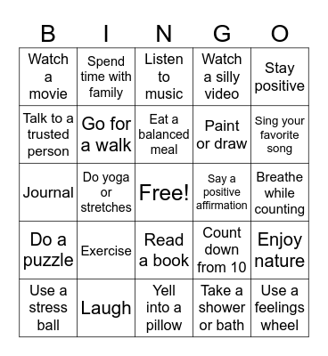 Coping Skills Bingo Card