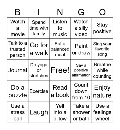 Coping Skills Bingo Card