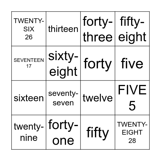 ENGLISH NUMBERS Bingo Card