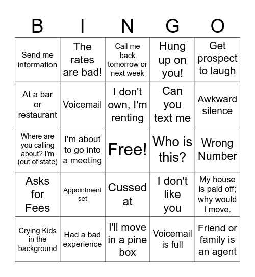 REALTOR Call Night Bingo Card