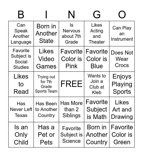 Ice Breaker! Bingo Card