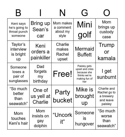 Vacation Bingo Card