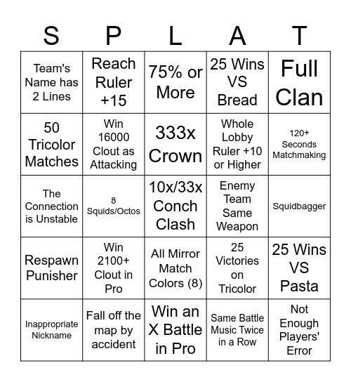 Splatfest Bingo Card