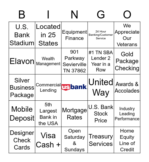 U.S. BANK BINGO Card