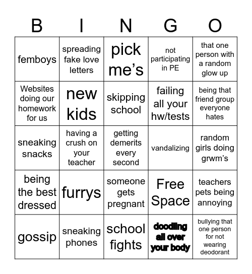 school Bingo Card