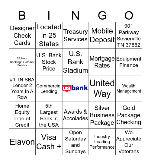 U.S. BANK BINGO Card