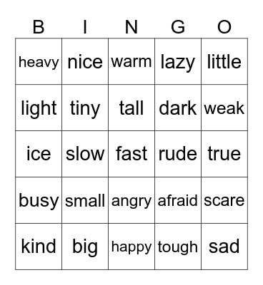 Adjective Bingo Card