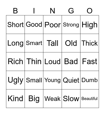 Adjectives Bingo Card