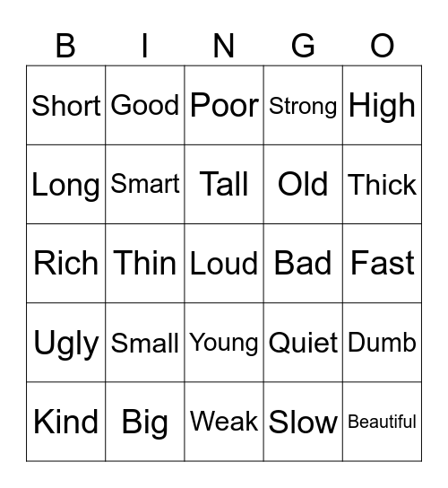 Adjectives Bingo Card