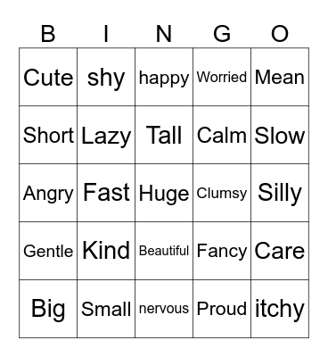 Adjectives Bingo Card