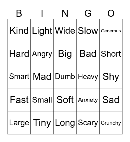 Adjective bingo Card