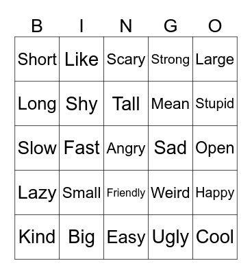 ADJECTIVES BINGO Card