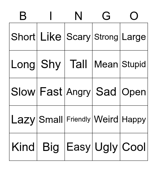 ADJECTIVES BINGO Card