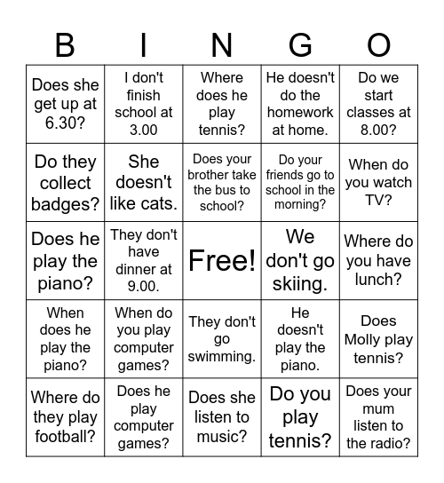 Present simple negative and questions Bingo Card