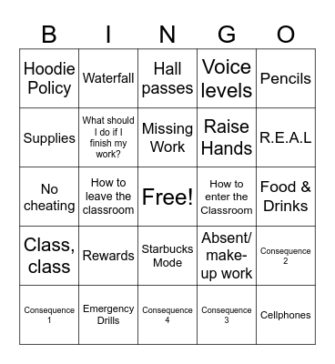 Back to School Bingo Card