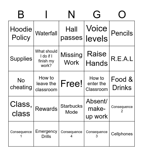 Back to School Bingo Card