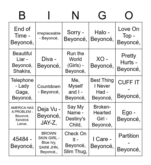 BEYONCE BINGO #1 Bingo Card