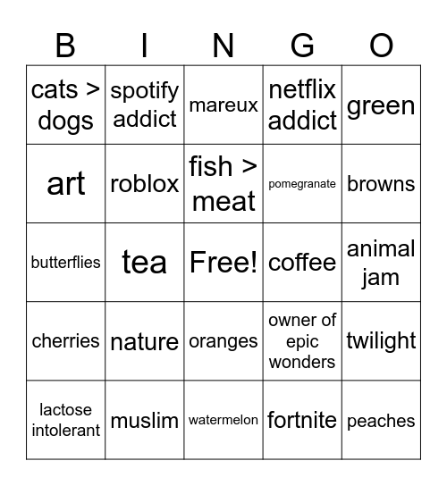 haneens bingo 🤍🙀🗣️ Bingo Card