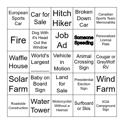 Road Trip Bingo Card