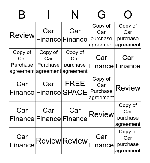 JULY CAR FINANCE BINGO $100 PAYOUT Bingo Card