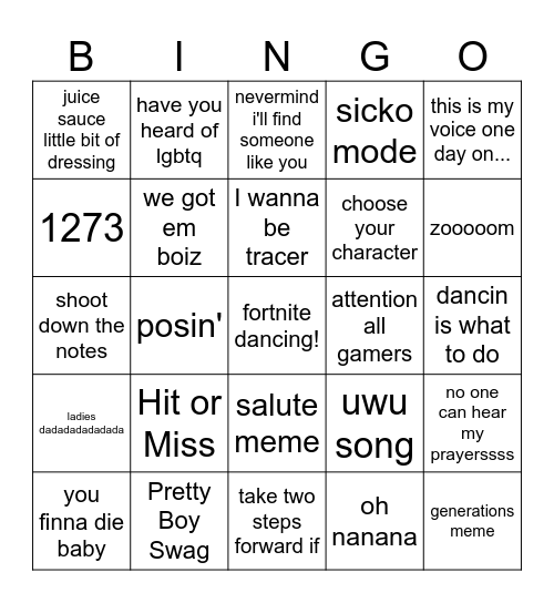 Tik Tok Bingo Card