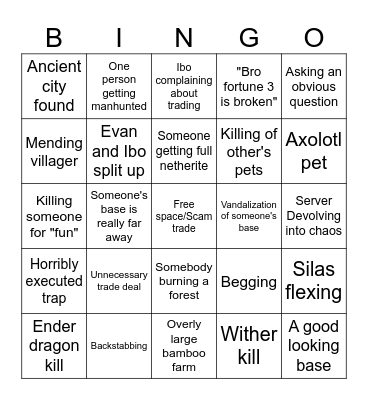 Minecraft server bingo Card