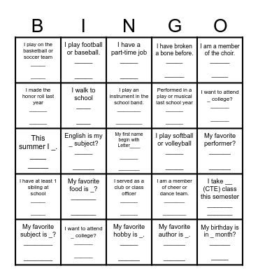 High School Memories Bingo Card