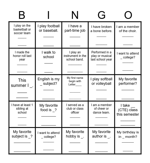 High School Memories Bingo Card