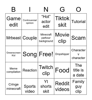 YouTube shorts Bingo Card