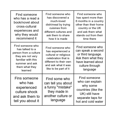 Cultural Bingo Card