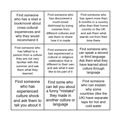 Cultural Bingo Card