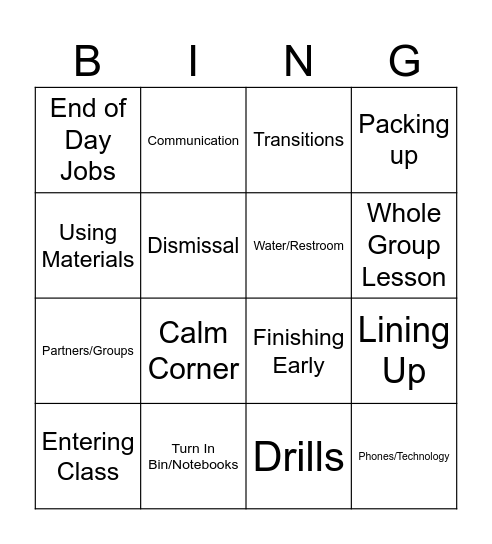 Ms. Jackson's Classroom Procedures Bingo Card