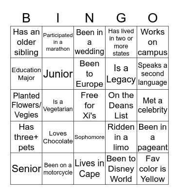 Alpha Xi Delta Workshop Bingo Card