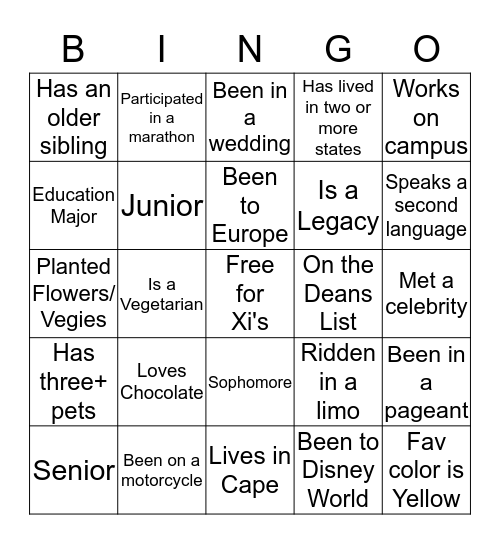 Alpha Xi Delta Workshop Bingo Card