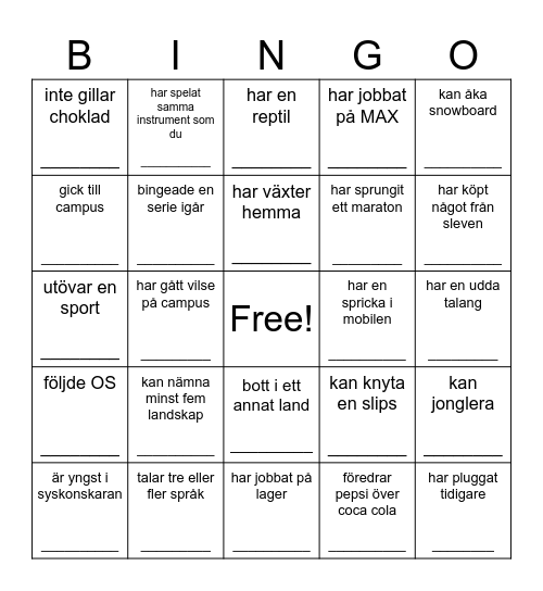 hitta någon som... Bingo Card