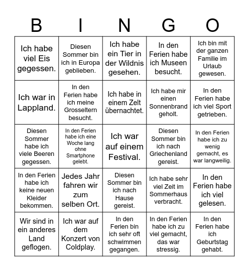 Reisen und Urlaub: die Sommerferien Bingo Card