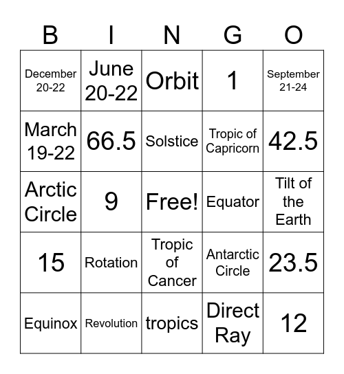 Seasons Bingo Card