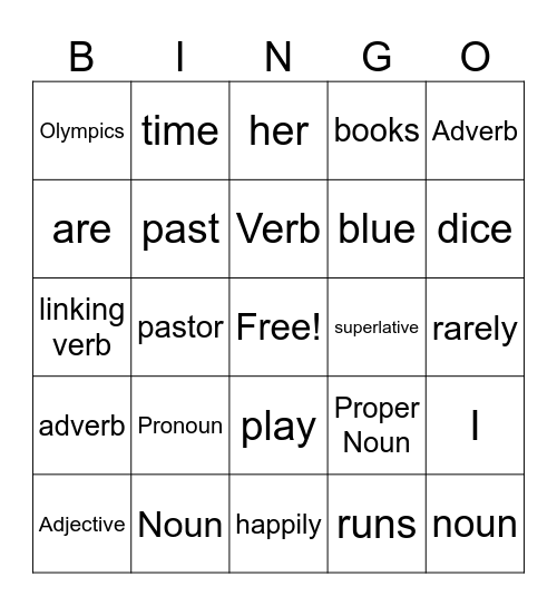 Parts of Speech Bingo Card