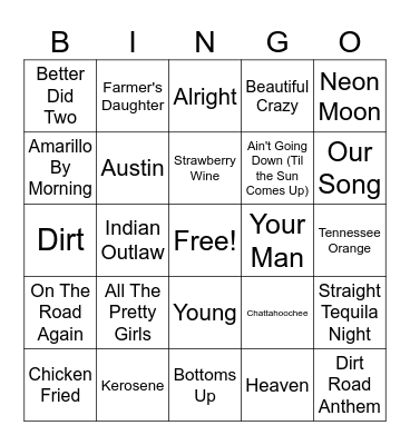 Country Songs Bingo Card