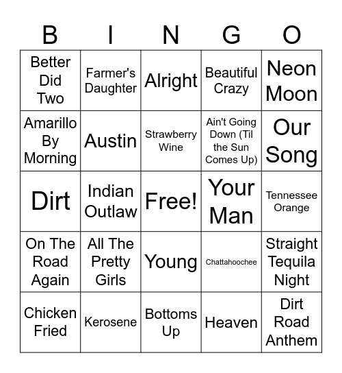 Country Songs Bingo Card