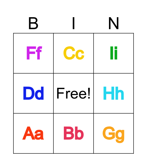 Letters A-I Bingo Card