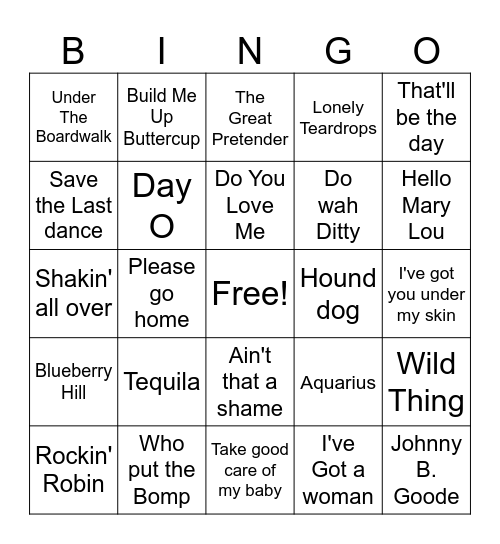Golden Oldies 50s-60s Bingo Card