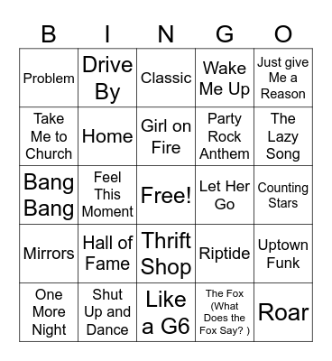 2010-2015 Songs* Bingo Card