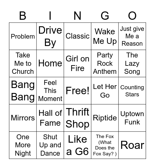 2010-2015 Songs* Bingo Card