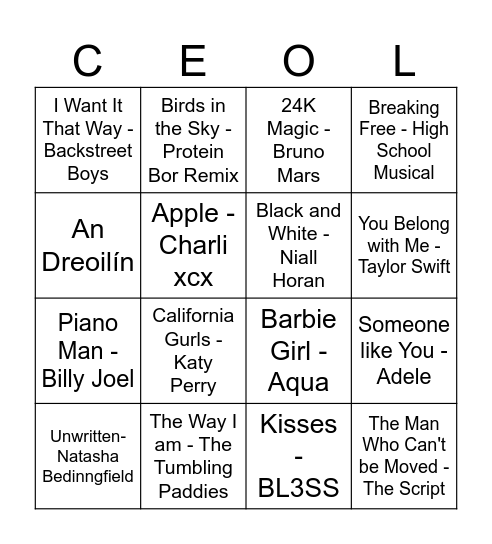 Bingo Ceoil Cúrsa E 2024 Bingo Card