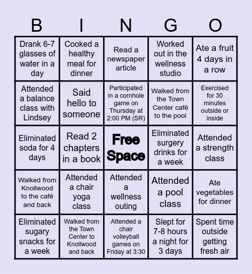 September Wellness Bingo Challenge Bingo Card