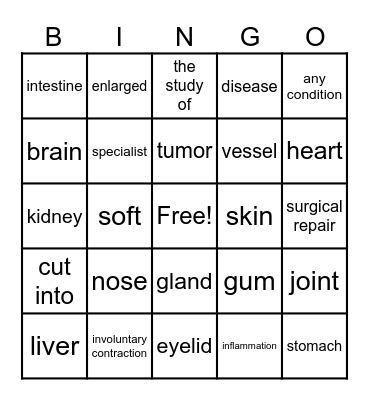 Medical Terminology Lesson 1 Bingo Card