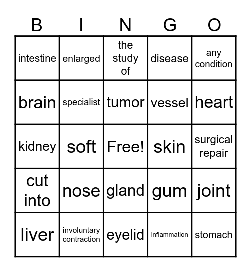 Medical Terminology Lesson 1 Bingo Card