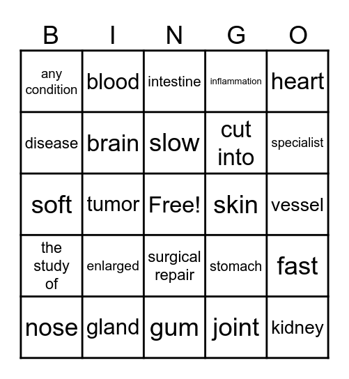 Medical Terminology Lesson 1 Bingo Card