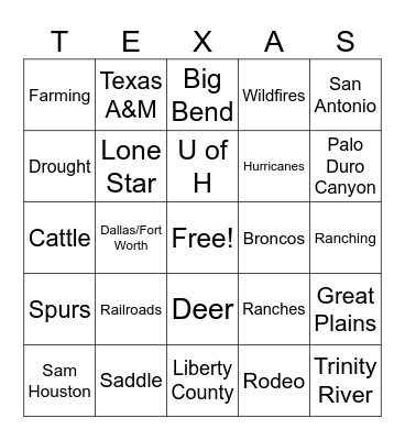 TEXAS History Bingo Card